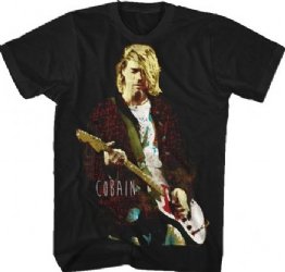 Kurt Cobain Red Jacket Guitar Photo Black T-Shirt